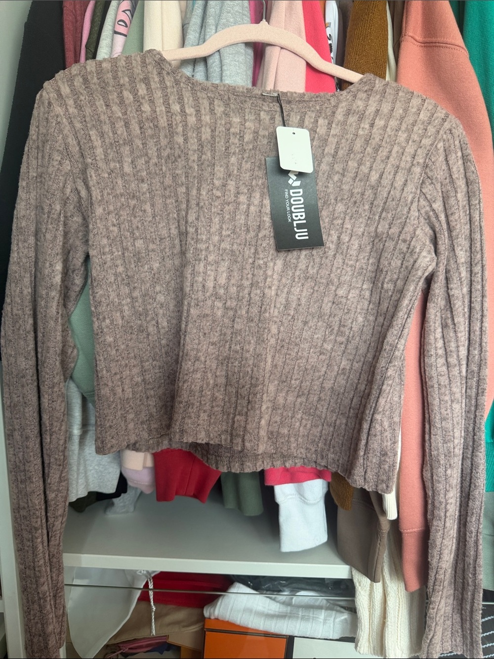 Doublju Ribbed Long-Sleeve Crop Top in Taupe